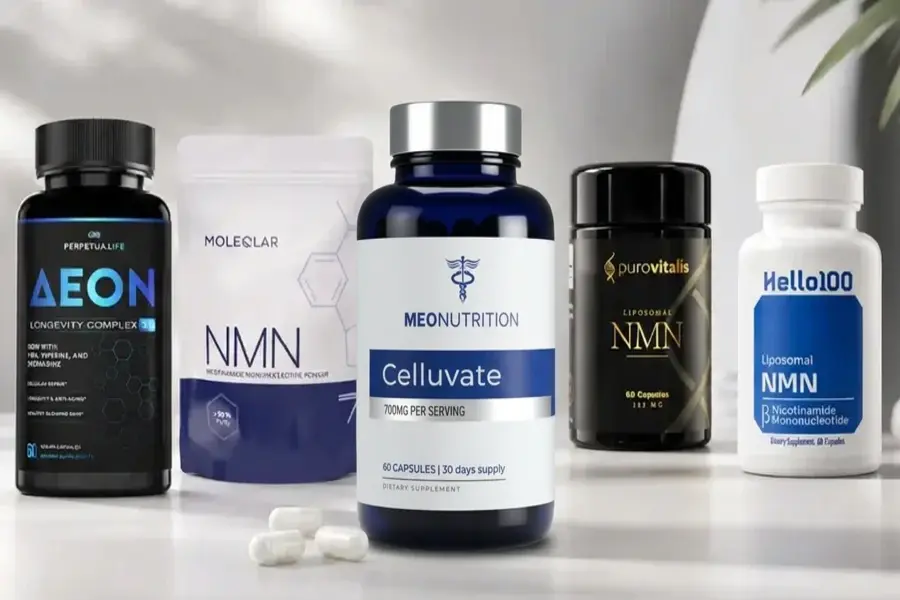 The 5 best NMN supplements of 2026 tested — Meo Nutrition, Hello100, Purovitalis, MoleQlar and Perpetua.life bottles